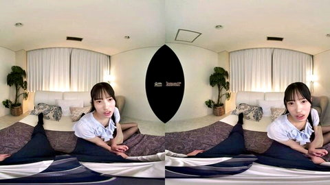 Japanese girl in white blouse teasing on bed, VR adult thumbnail