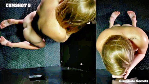 Blonde woman naked in gloryhole position, ass up for cumshot service