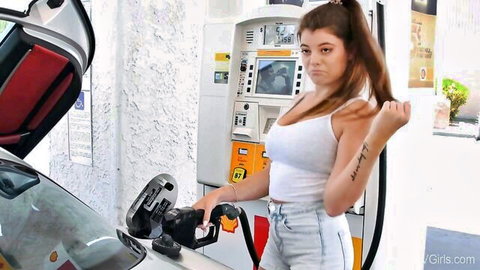 Scarlett in tight white tank top pumps gas at outdoor station FTV