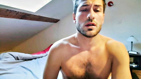 Shirtless bearded man in amateur exhibition video, nylon sex tease