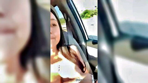 Steffy Moreno smiling in car with cleavage, Aruba vacation vibe