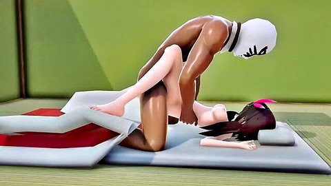 Masked ebony hunk fucks curvy black-haired anime girl doggy style