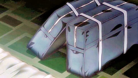 Two blue strapped luggage bags leaning on green tiled floor in anime style