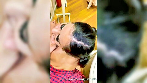 Blurry Latina with ponytails in close-up oral scene