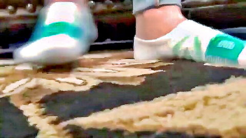 Giantess feet in white Adidas sneakers and socks on carpet tease