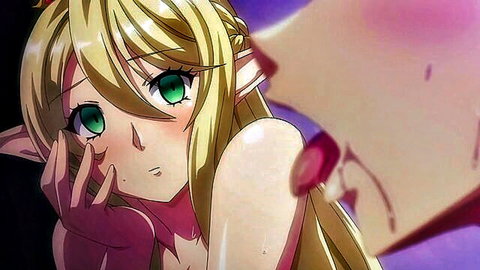 Shy blonde elf girl with green eyes and big breasts in seductive pose