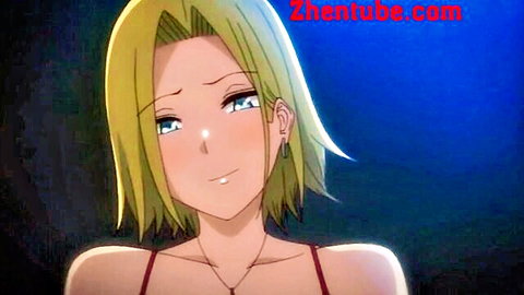 Seductive blonde anime gal in red slip blushing with blue eyes