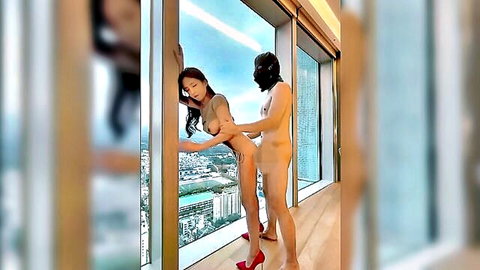 Big Steffy in sheer lingerie bent over window with masked lover