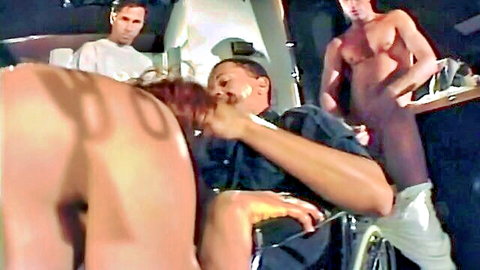 Redhead woman in intense gangbang with multiple men, oral and penetration action