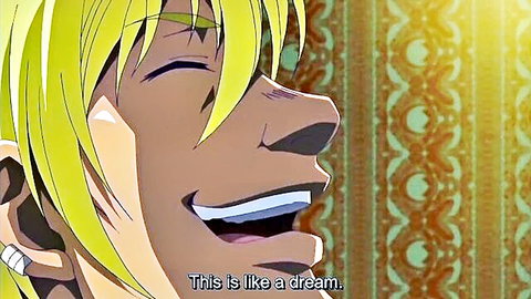 Blonde anime character smiling blissfully in dreamlike hentai scene