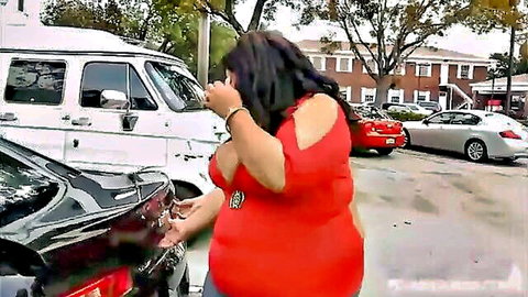 SSBBW big booty in red dress bends over car in parking lot