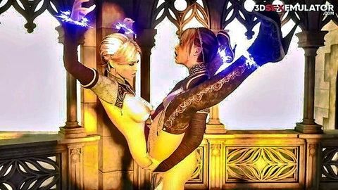 3D futanari hentai: Blonde and brunette mages in nude magical embrace, uncensored