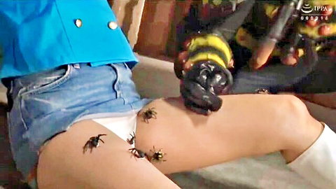 Asian woman with bees crawling on thighs and panties in erotic pose