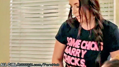 Angela White in 'Some Chicks Marry Chicks' tee, seductive smile in massage room