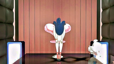 Animated blue-haired girl bent over in pink lingerie and stockings, MMD solo pose