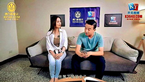 Li Rongrong in white blouse chats with male on couch, Madou Media teacher tease