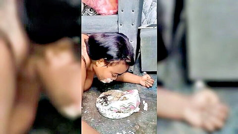 Amateur BBW nude babe face down smashing mouth into messy cake on dirty floor
