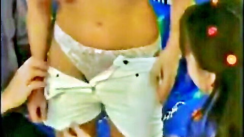 Teen girl threesome with unbuttoned white shorts exposing lace underwear