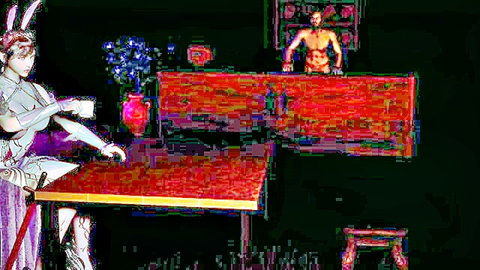 3D bunny girl in revealing dress serves at inn with muscular shirtless man in fantasy scene