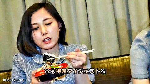 Asian woman eating sushi with chopsticks in JAV style video