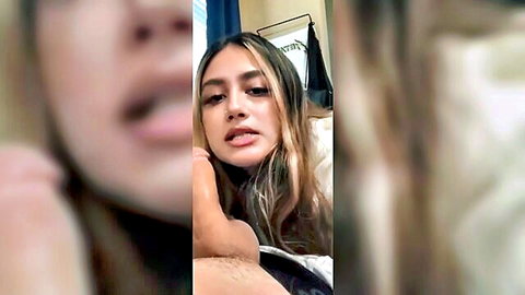 Petite tanned teen babe with long hair POV closeup mouth open for blowjob hand gripping hair amateur homemade