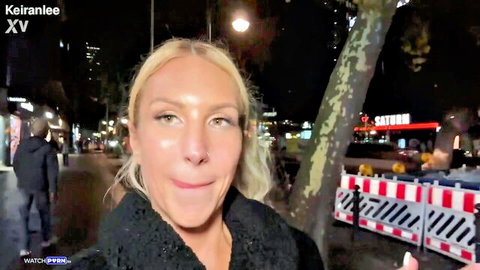 Blonde Sarah Harlow tongue out for facial on night street