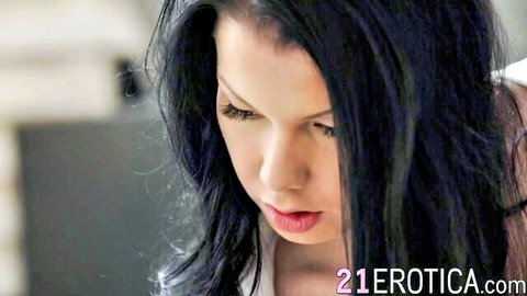 Sofia Like seductive close-up with long black hair and white top