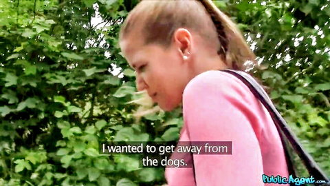 Sarah Kay in pink top fleeing dogs outdoors, Public Agent pickup tease