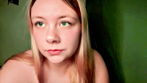 Blonde camgirl Cookie374 smiling topless, big natural boobs exposed