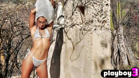 Seductive small-breast Hispanic woman in white string bikini