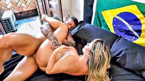 Pregnant blonde with big tits and belly straddles tattooed muscular guy's hard cock