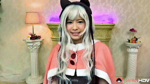 Kurumi Chino in sexy cat cosplay with silver hair and pink cape
