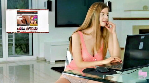 Blonde big tits Stella in pink lingerie at laptop solo tease