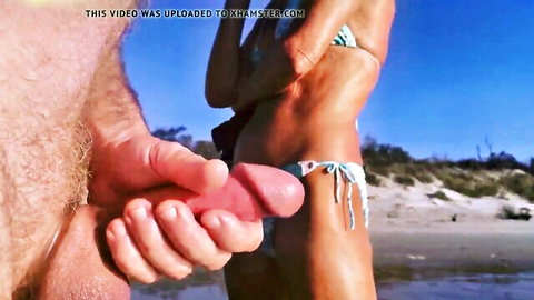 Public beach flasher masturbating erect cock near bikini woman exhibitionist