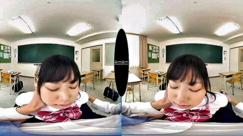Japanese teen schoolgirl in sailor uniform spreads legs in VR pose