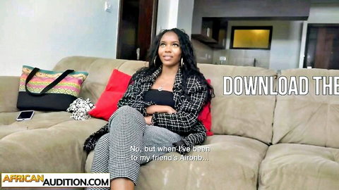 Sexy ebony babe chats smiling in adult casting couch audition interview on sofa