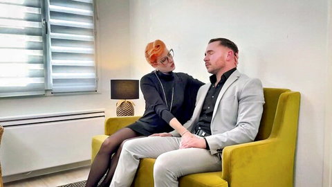 Foxy redhead in glasses seduces suited client in therapy session
