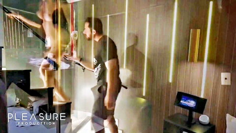 Blurry hotel shower scene with nude Asian woman and approaching man, persuaded encounter