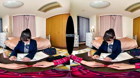 Japanese schoolgirl in sailor uniform at desk in VR POV sensual scene