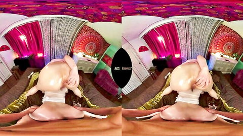 Oiled Asian babe spreads juicy pussy and asshole in VR POV doggy pose