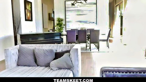 Luxurious living room setting for ebony teen seduced by lesbian MILF