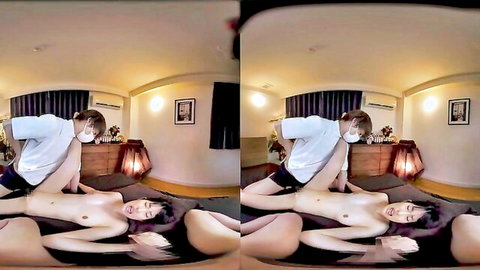Stunning Asian teen in VR missionary sex with masked partner