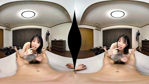 Japanese VR babe spreads shaved pussy fingering it while licking fingers teasing erect cock POV