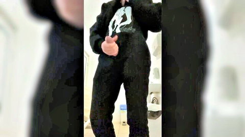 Twink in black hoodie jerks off dryly in clinic bathroom