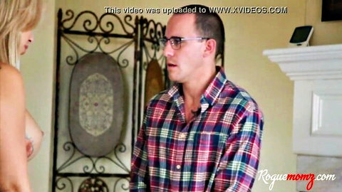 Blonde MILF stepmom with big tits seducing stepson in plaid shirt