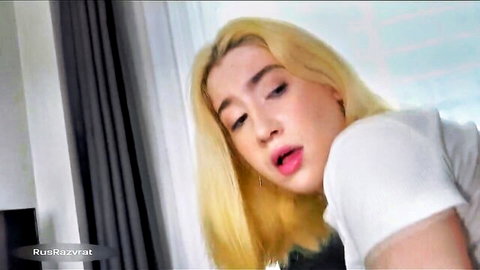Blonde Russian PAWG teasing with sultry look in white top