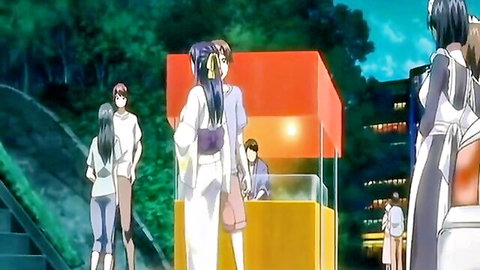 Anime hentai maids in sexy uniforms gathered at outdoor kiosk booth