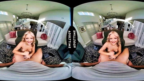 Skinny blonde teen with small tits rides cock cowgirl in POV VR living room fuck