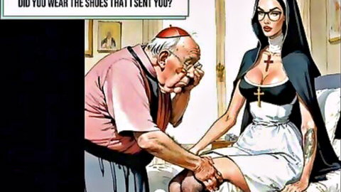 Sister Megan as sexy nun in revealing habit with elderly man touching her thigh in fetish scene