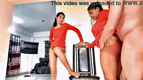 Two sexy Asian brunettes with big asses exposed groped by naked man's huge cock in mirror reflection